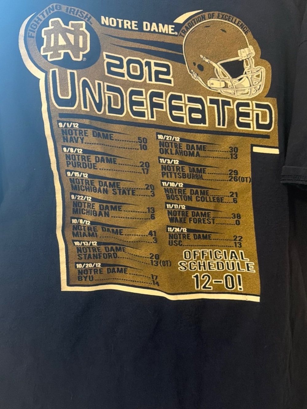 adidas Notre Dame 2012 Undefeated Navy Blue Gold Graphic Tee